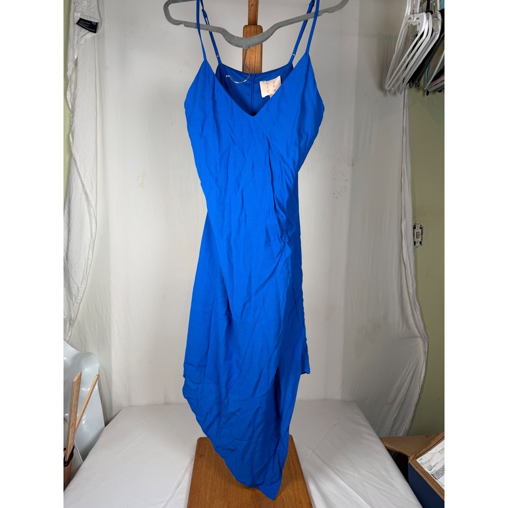 Nude Cobalt Blue Asymmetrical Midi Dress V-Neck Spaghetti Strap Small